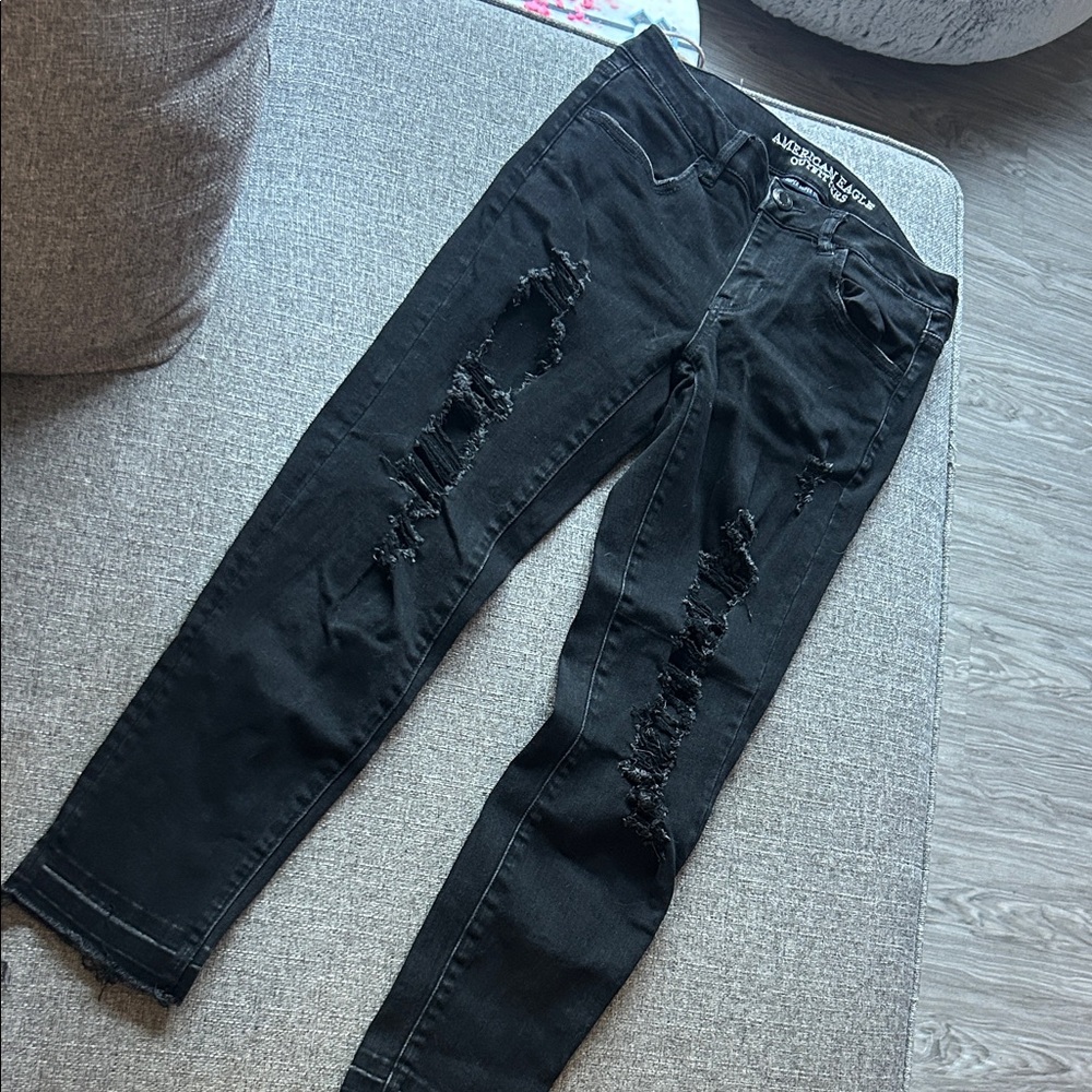 American Eagle Outfitters Black Super Stretch Low Rise Ripped Skinny Jeans